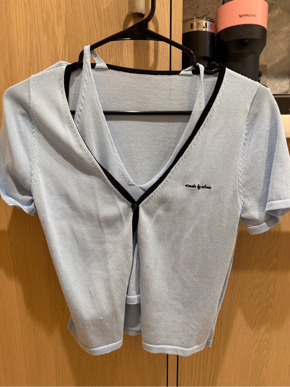 Light Blue V-Neck Crop Knit Top with Black Trim